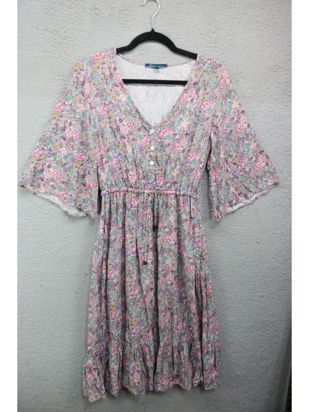 Shore 3/4 Wide Sleeves Elastic Waist Floral Midi Dress-Small-Cottagecore-Peasant